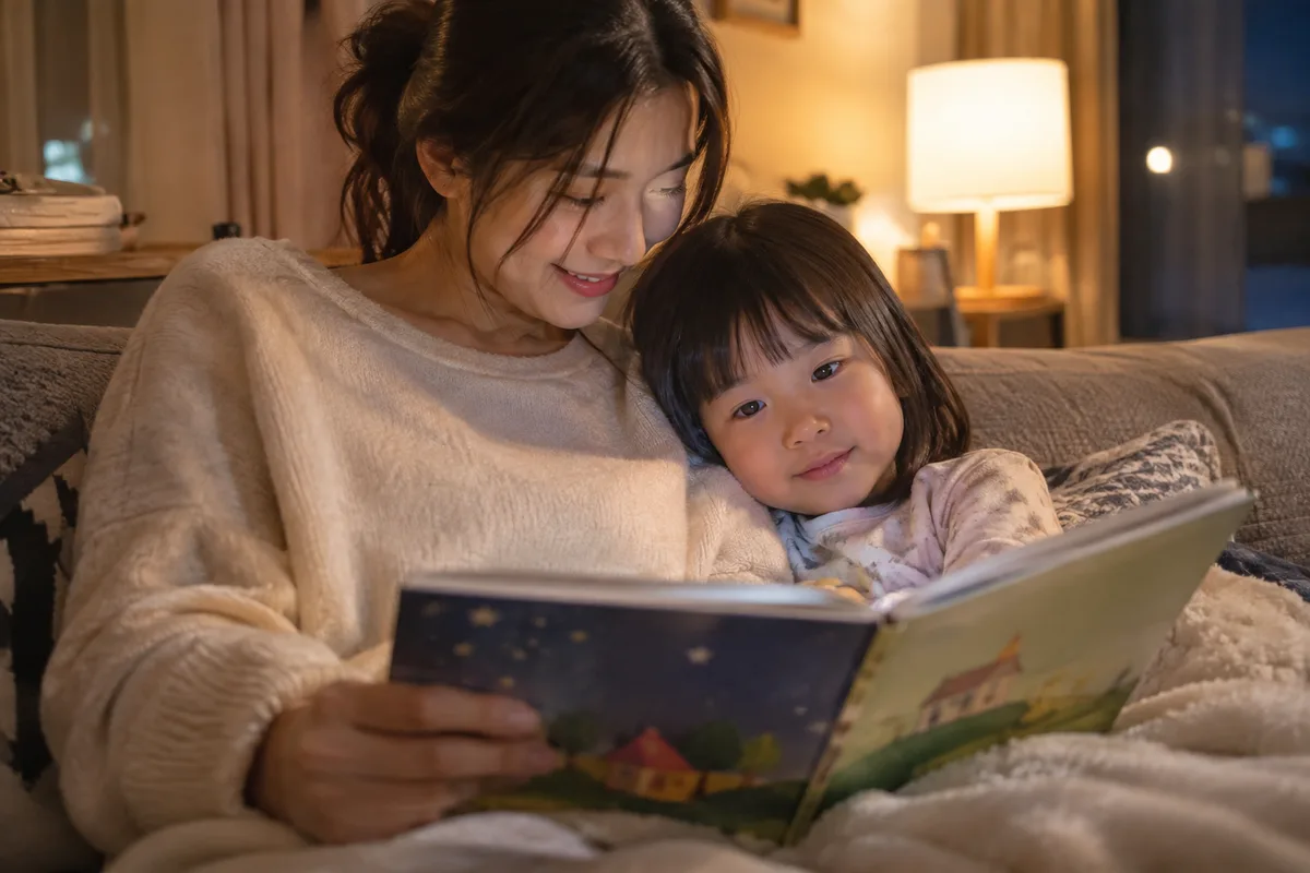 ソファでママと子どもが絵本を読んでいる写真
