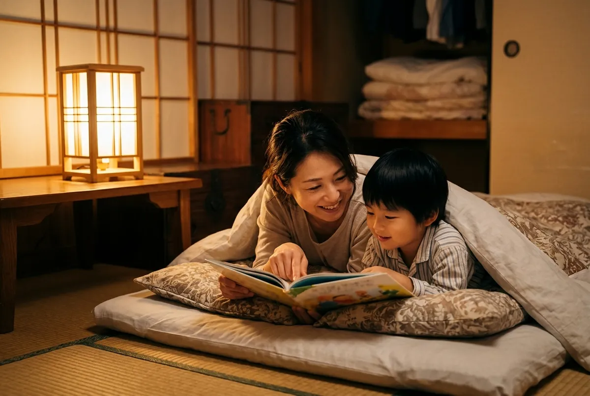 寝る前に、布団の中でママと子どもが絵本を読んでいる写真