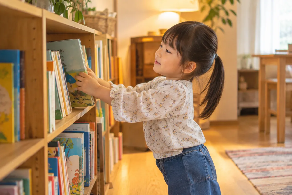 女の子が本棚から絵本を選んでいる写真