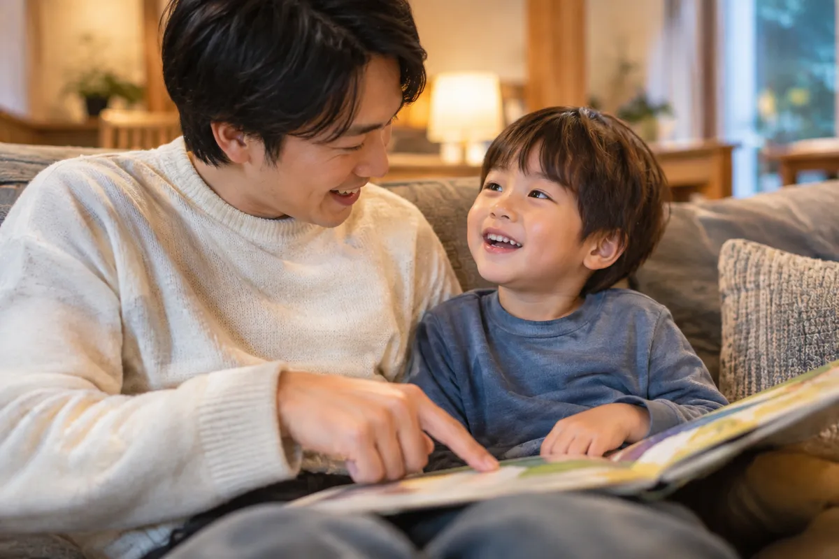 パパが絵本を指さし、子どもが笑顔で答えている写真